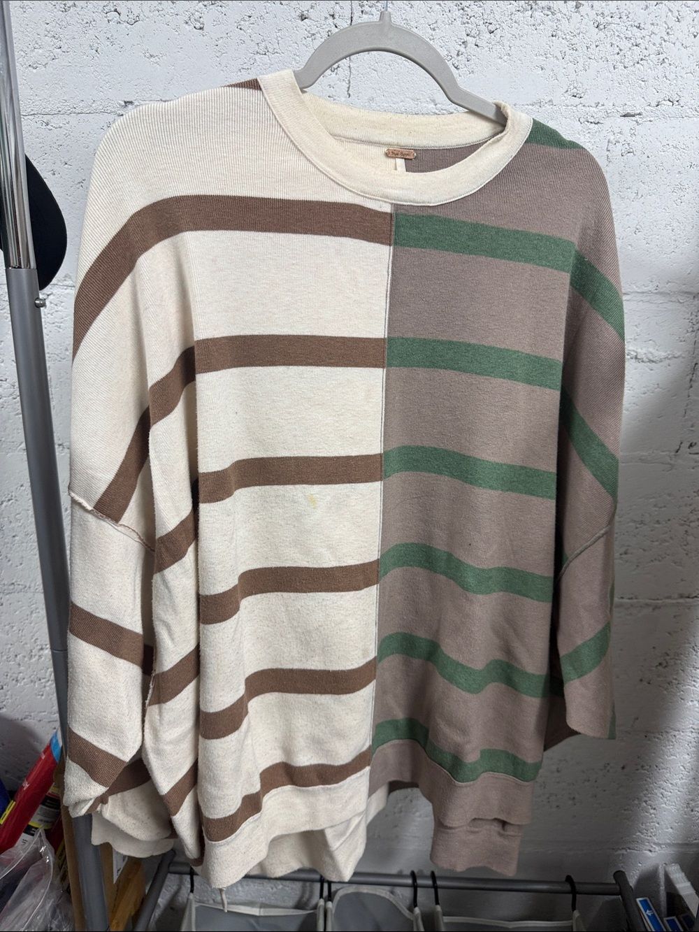 Oversized Striped Crewneck Sweater - Cream, Brown & Green - Womens Medium
